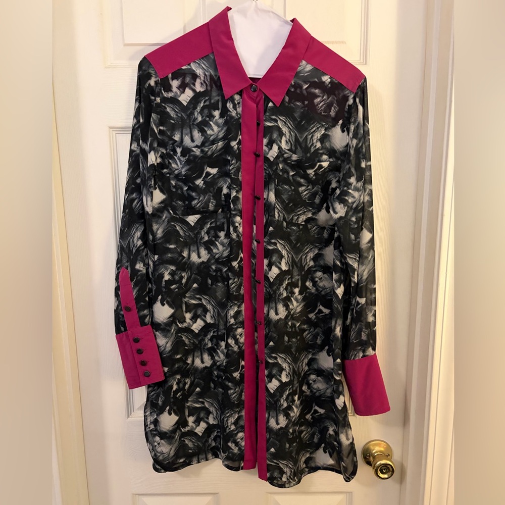 Kenneth Cole New York Pink and Black Sheer Tunic Top